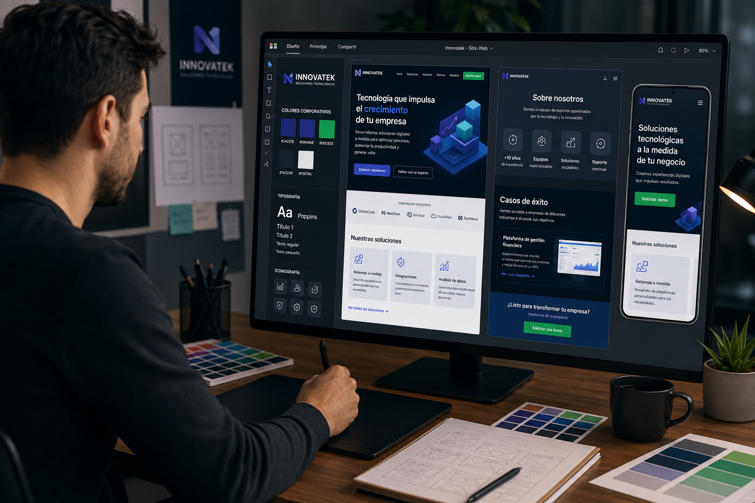 Diseñador trabajando en una interfaz moderna para una empresa.png
